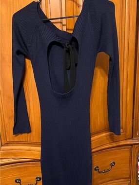 Jason Wu Navy Rib-Knit Long Sleeve Open-Back Dress